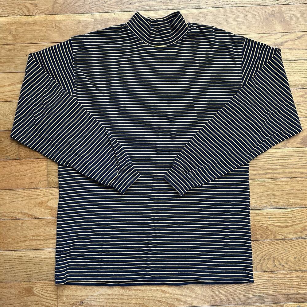 Vintage 90s Ll Bean Mock Neck Striped Long Sleeve Navy Blue Tee Shirt Small